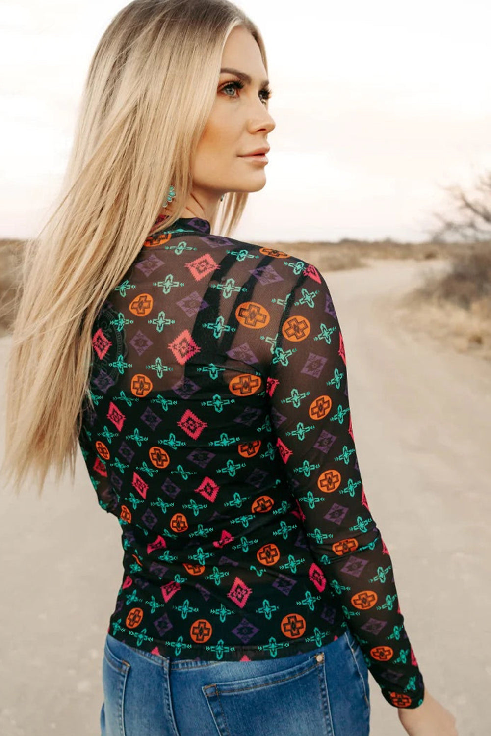 Midnight Mesa Aztec Mesh Top | Western Slim Fit Long Sleeve