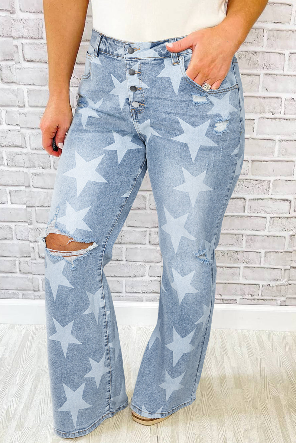 Oh My Star Printed Multi Buttons Slit Knee Destroyed Plus Size Jeans