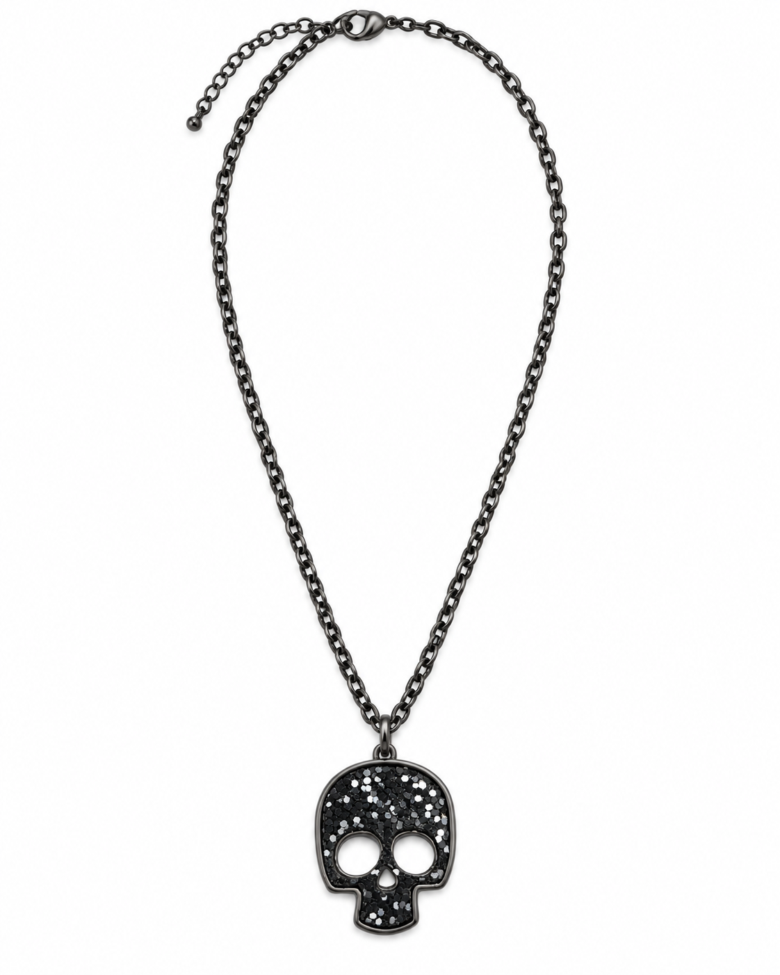 A gothic-style skull pendant necklace on a dark gunmetal chain, featuring a skull charm encrusted with small clear rhinestones, shown against a plain white background.