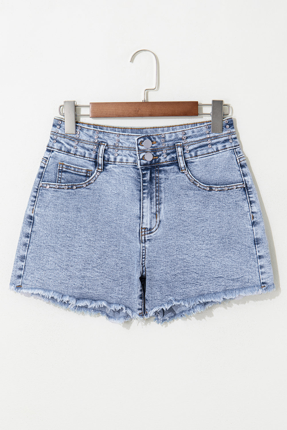 Rhinestone Light Wash Raw Hem High Waist Denim Shorts