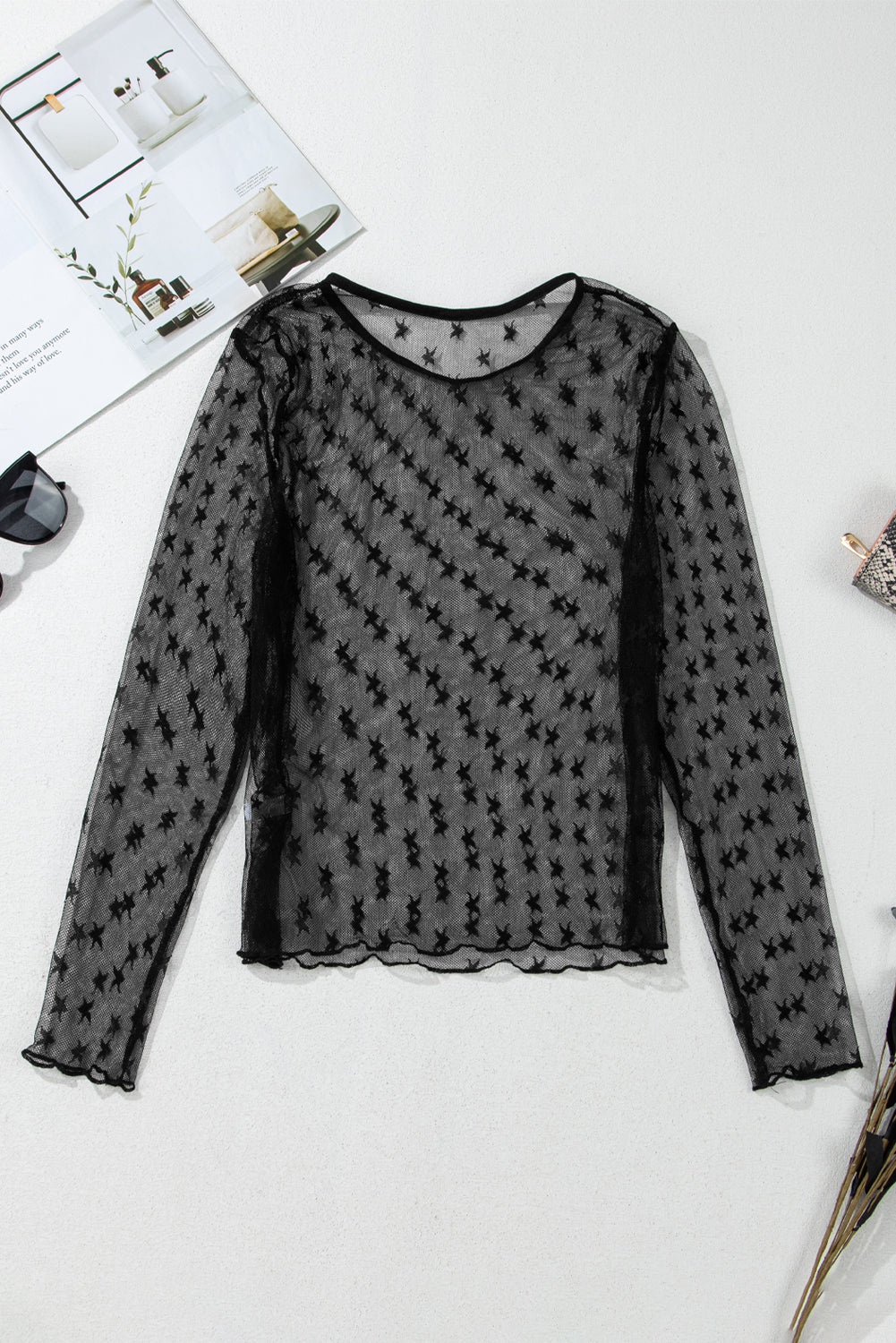 Star Print Mesh Sheer Slim Long Sleeve Top