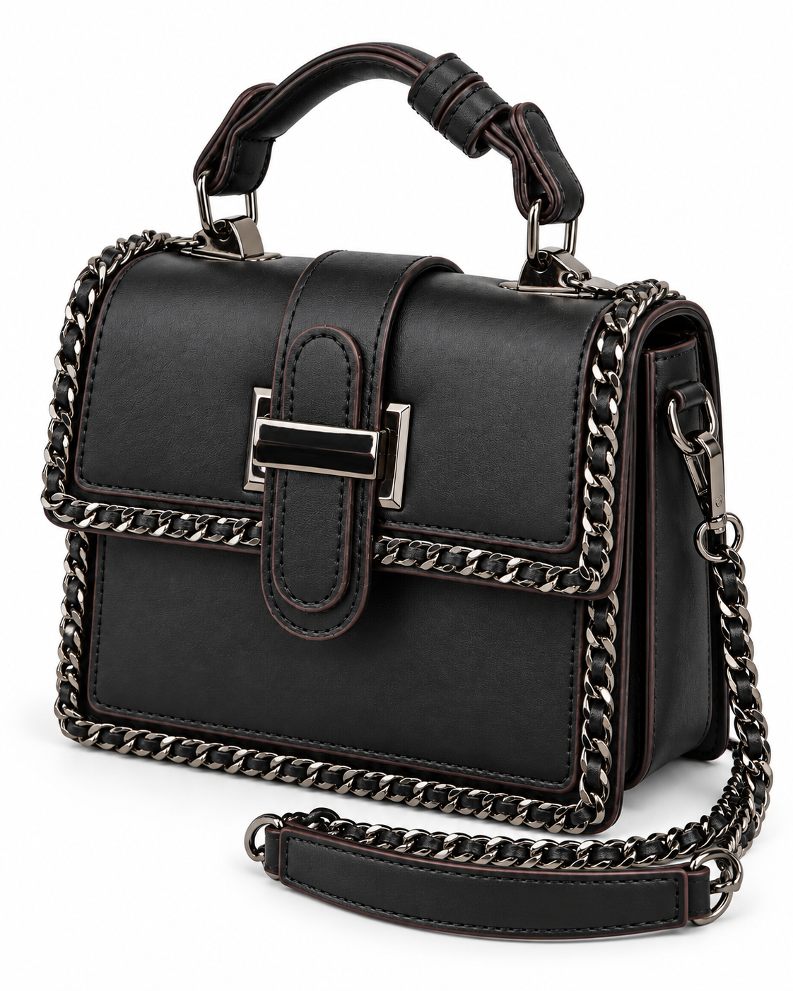 Close-up of black City Edge satchel showing woven chain trim, stitching and statement front closure