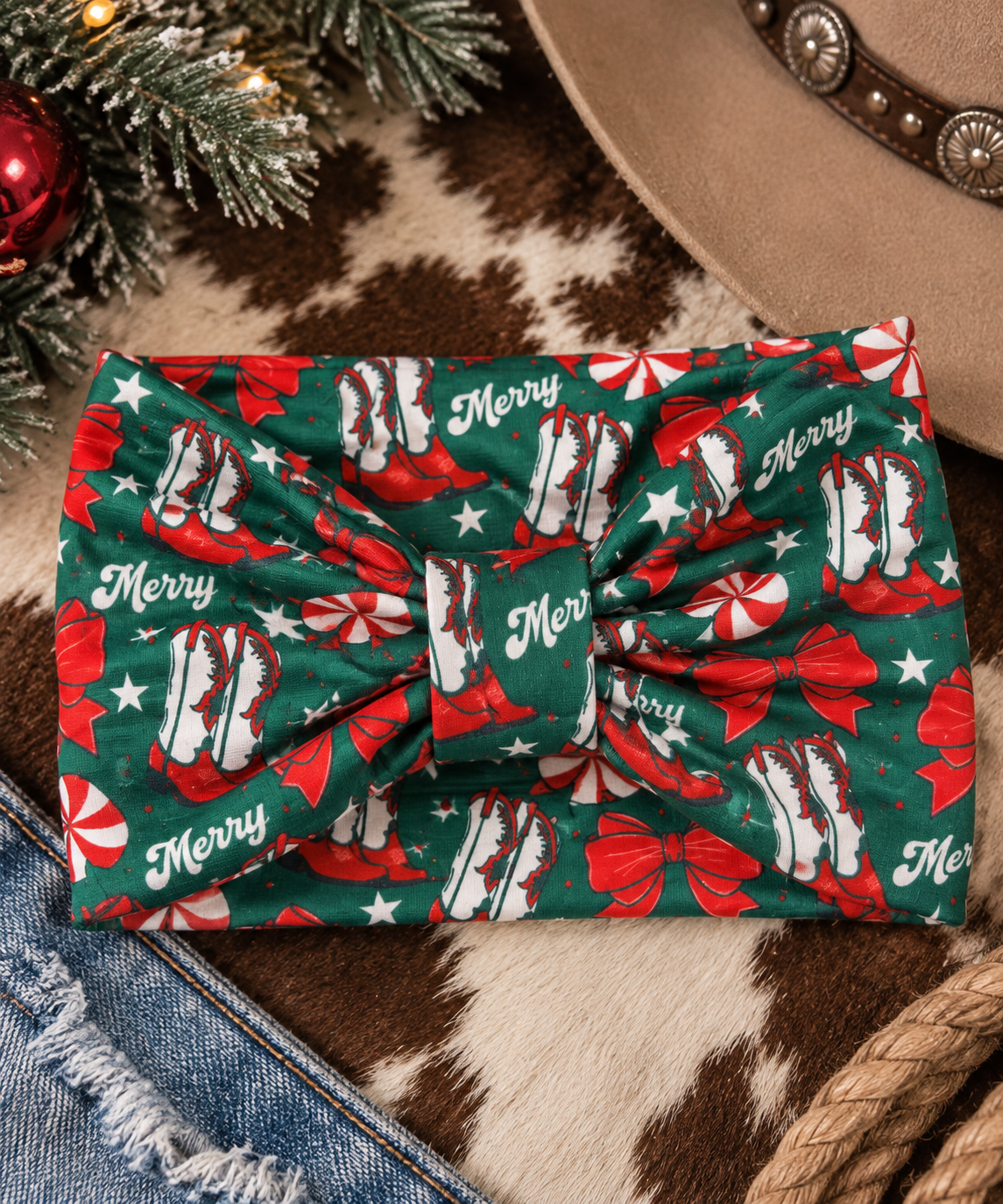 A green fabric hair bow with a Christmas holiday print featuring red bows, white stockings, candy canes, and 'Merry' text, styled on a cowhide rug with a cowboy hat and pine branches.