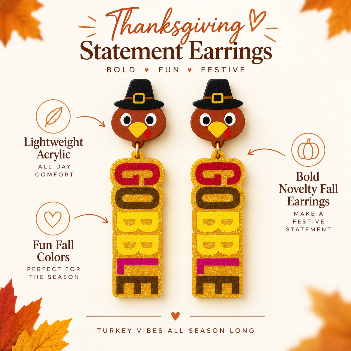 Feature image of Gobble turkey Thanksgiving earrings highlighting lightweight acrylic construction and festive fall colors
