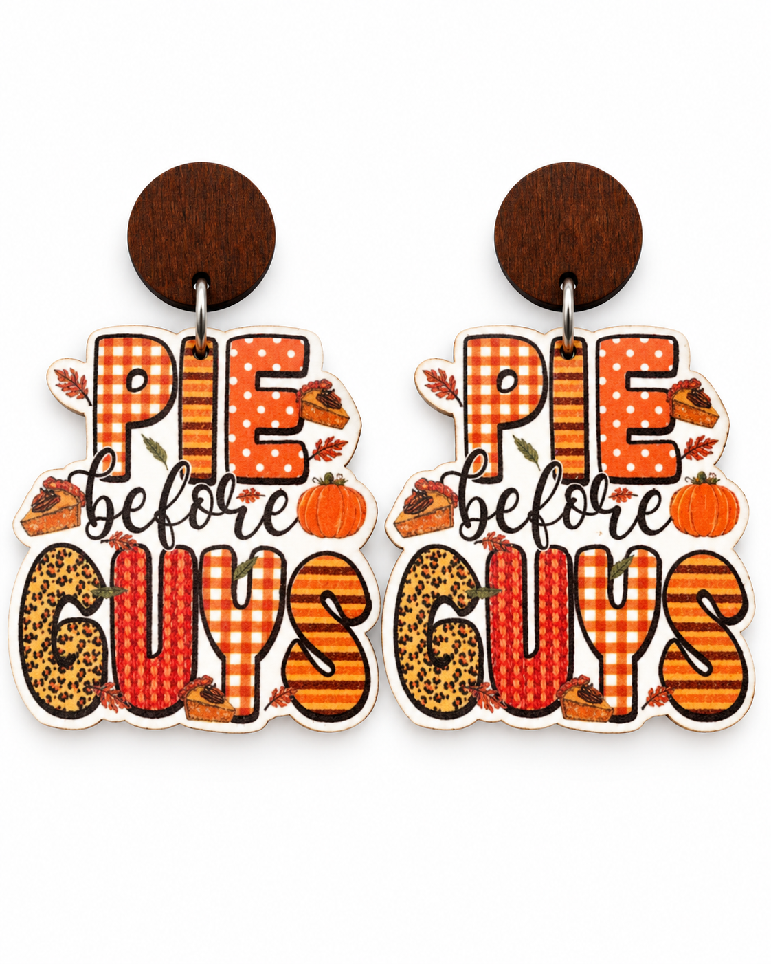 Pie Before Guys wooden fall statement earrings on clean white background