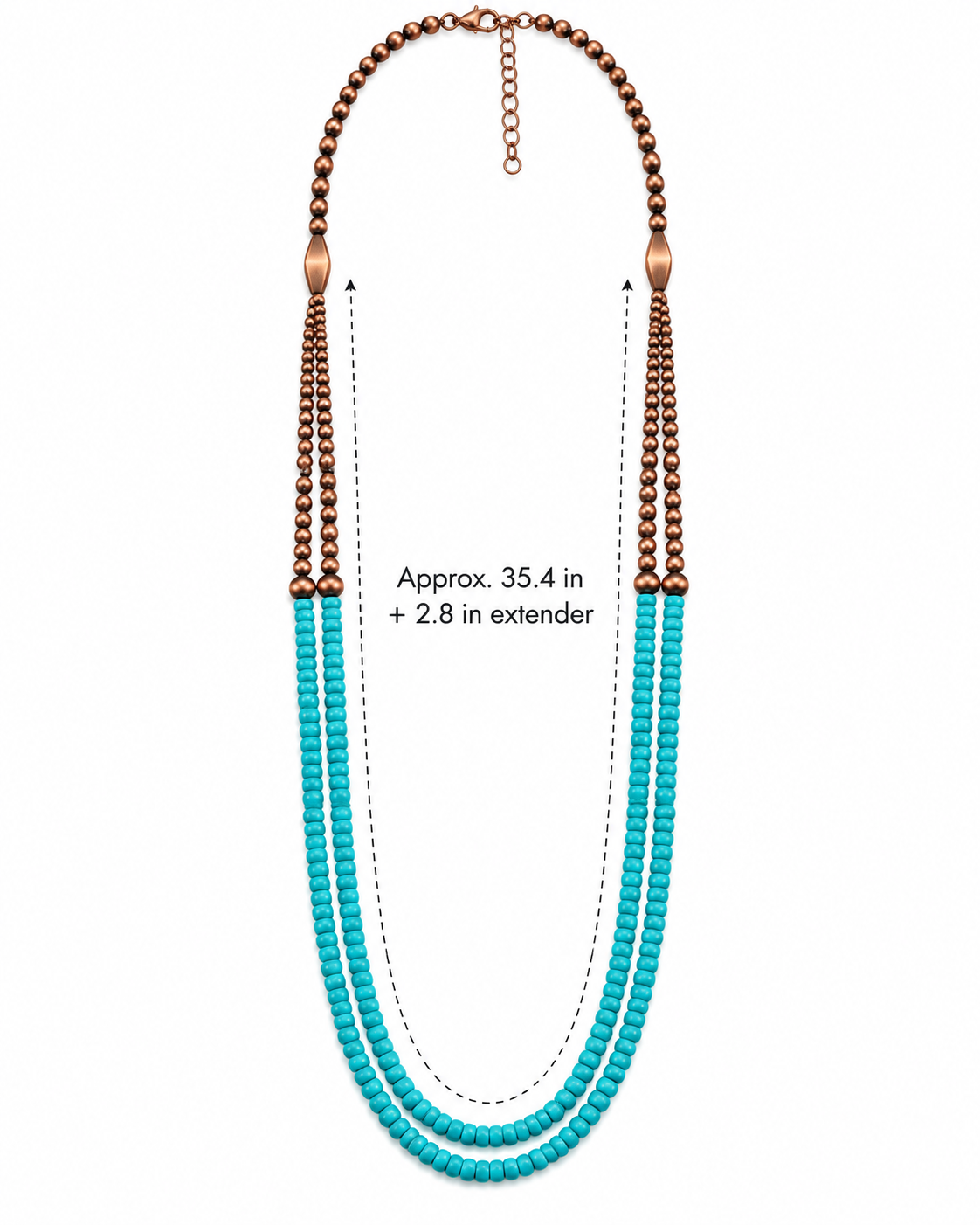 Close-up of copper-tone lobster clasp and adjustable extender chain on long layered necklace