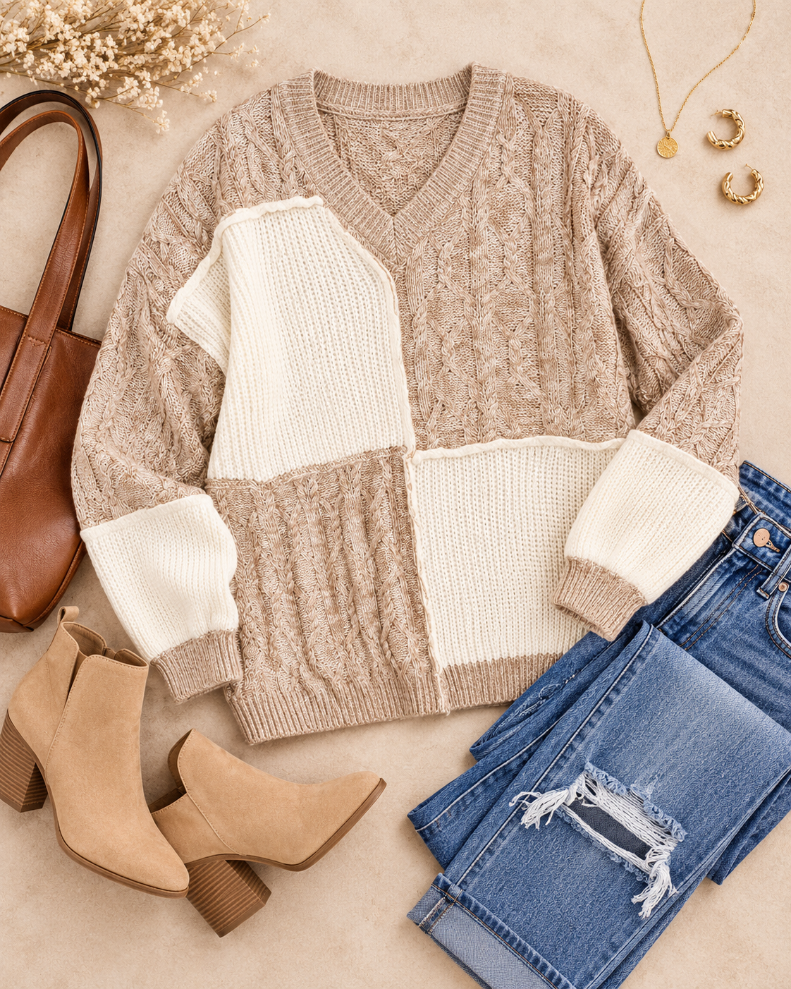 A beige and cream cable-knit color-block sweater styled in a flat lay with blue jeans, tan ankle boots, a brown leather handbag, gold hoop earrings, and dried flowers on a neutral beige background.