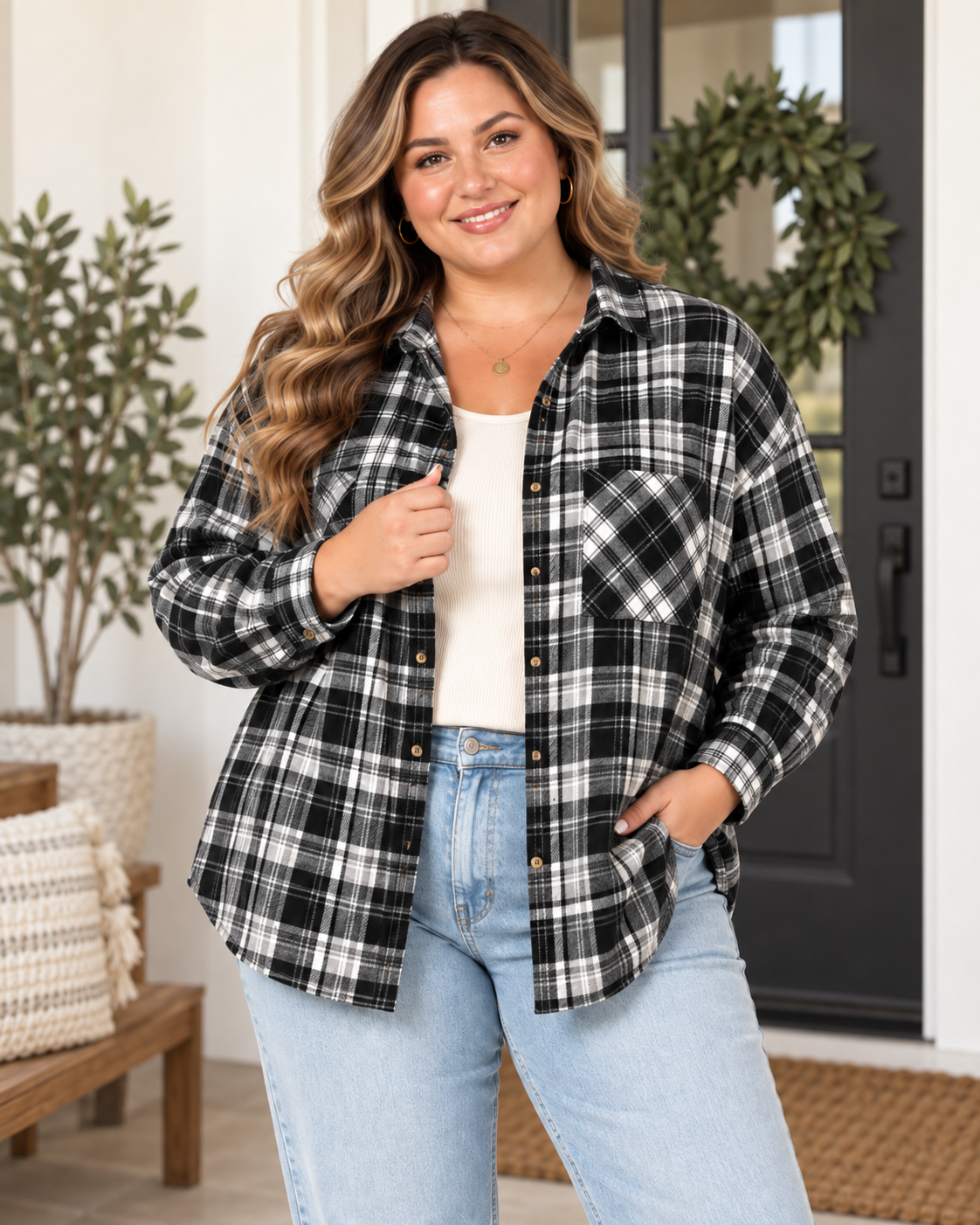A woman modeling a black and white plaid button-down shirt over a white top and light blue jeans, standing in front of a home entryway with a wreath on the door.