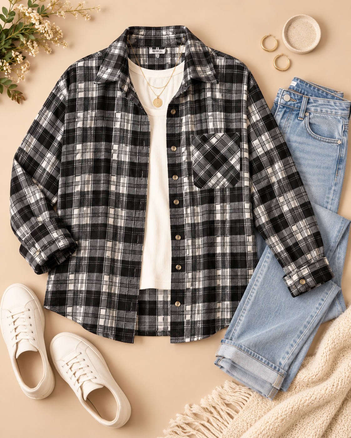 A black and white plaid button-up flannel shirt styled in a flat lay with light blue jeans, white sneakers, gold jewelry, and a cream knit blanket on a beige background.