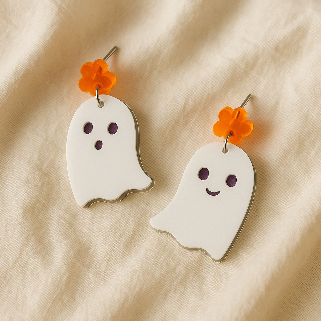 Ghost-shaped earrings with orange flower attachments on a beige fabric background