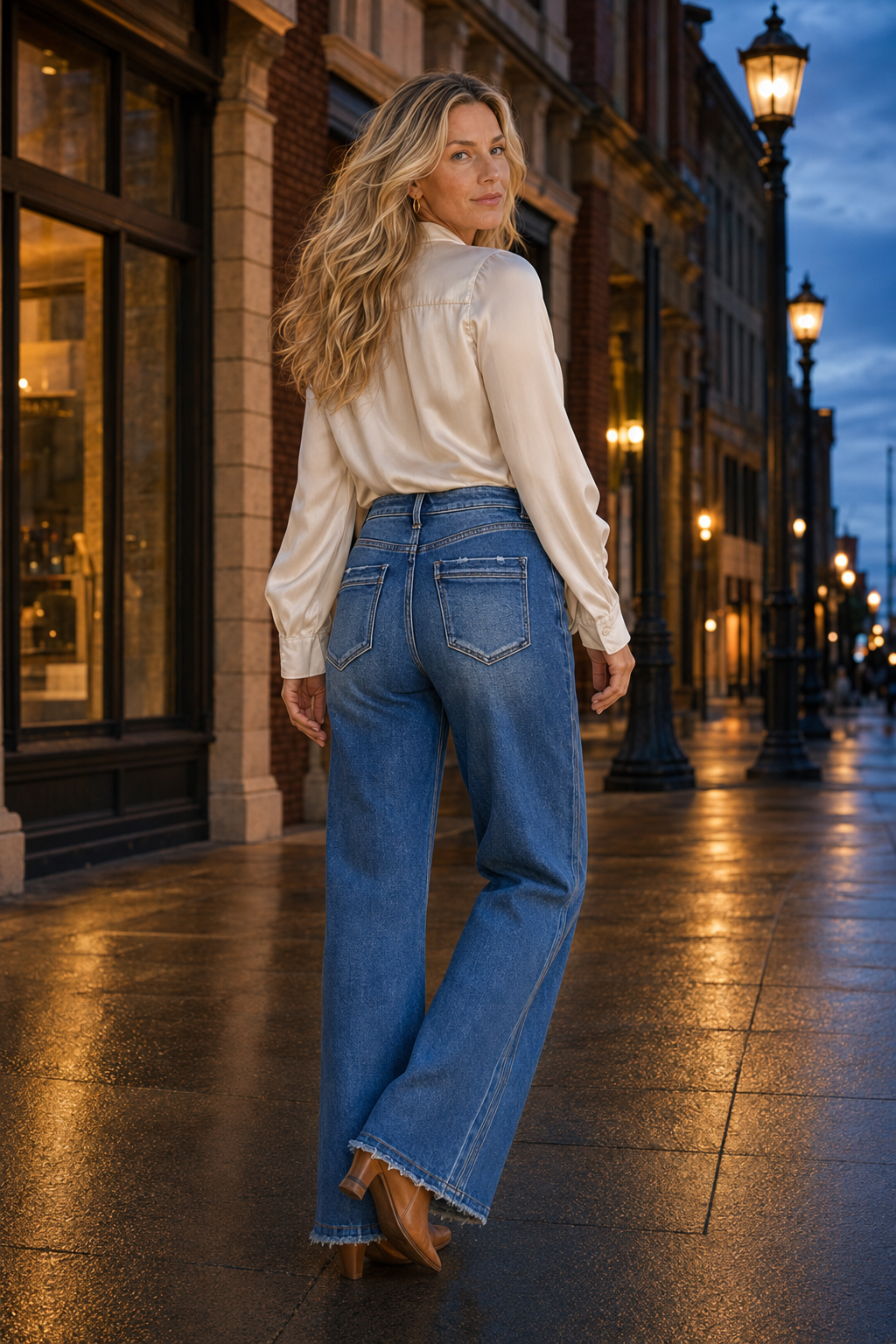 Back view of RISEN slouchy side-seam jeans in downtown Cheyenne at blue hour