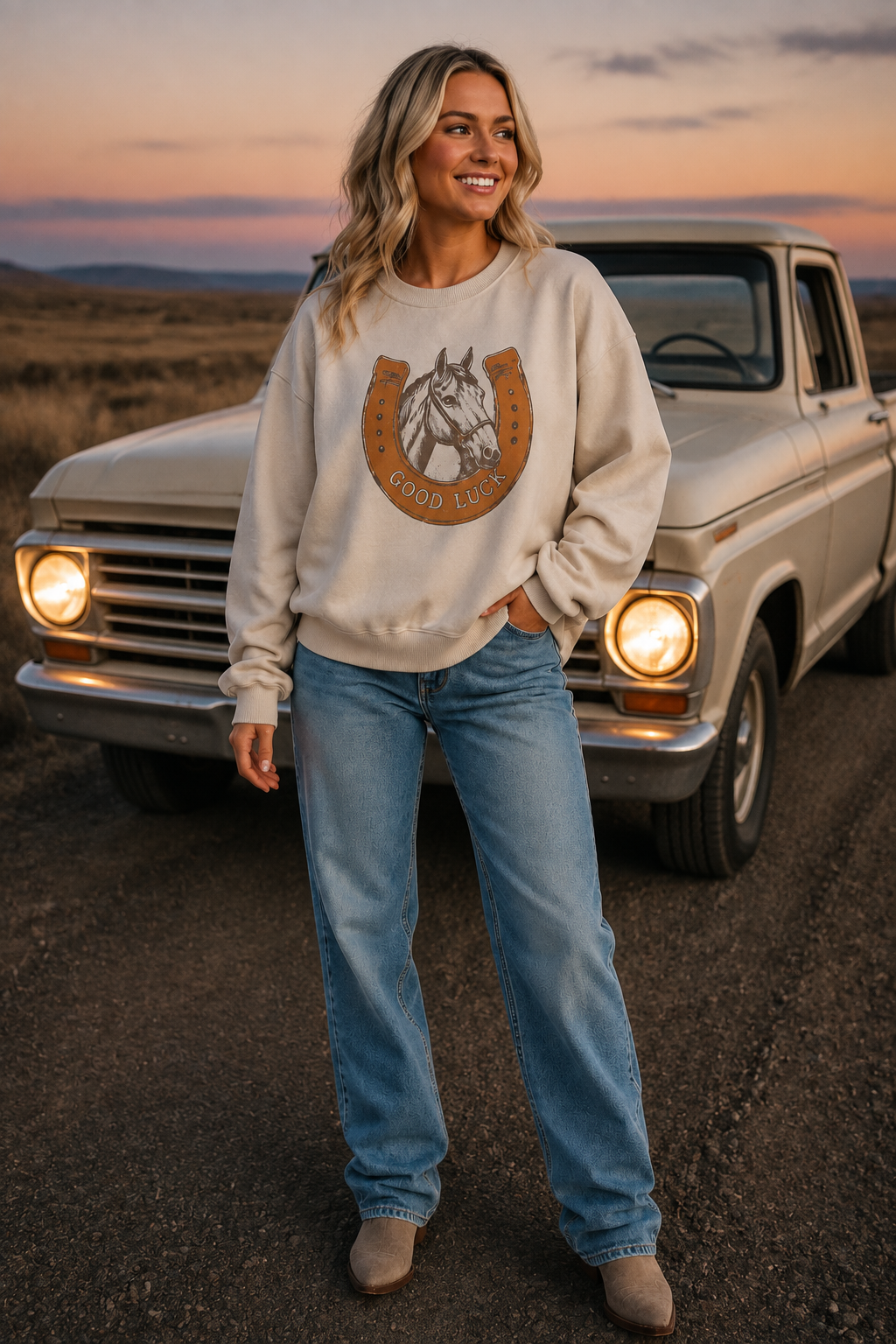 Woman wearing a beige GOOD LUCK horse sweatshirt with jeans and Western boots beside a vintage cream pickup at sunset.