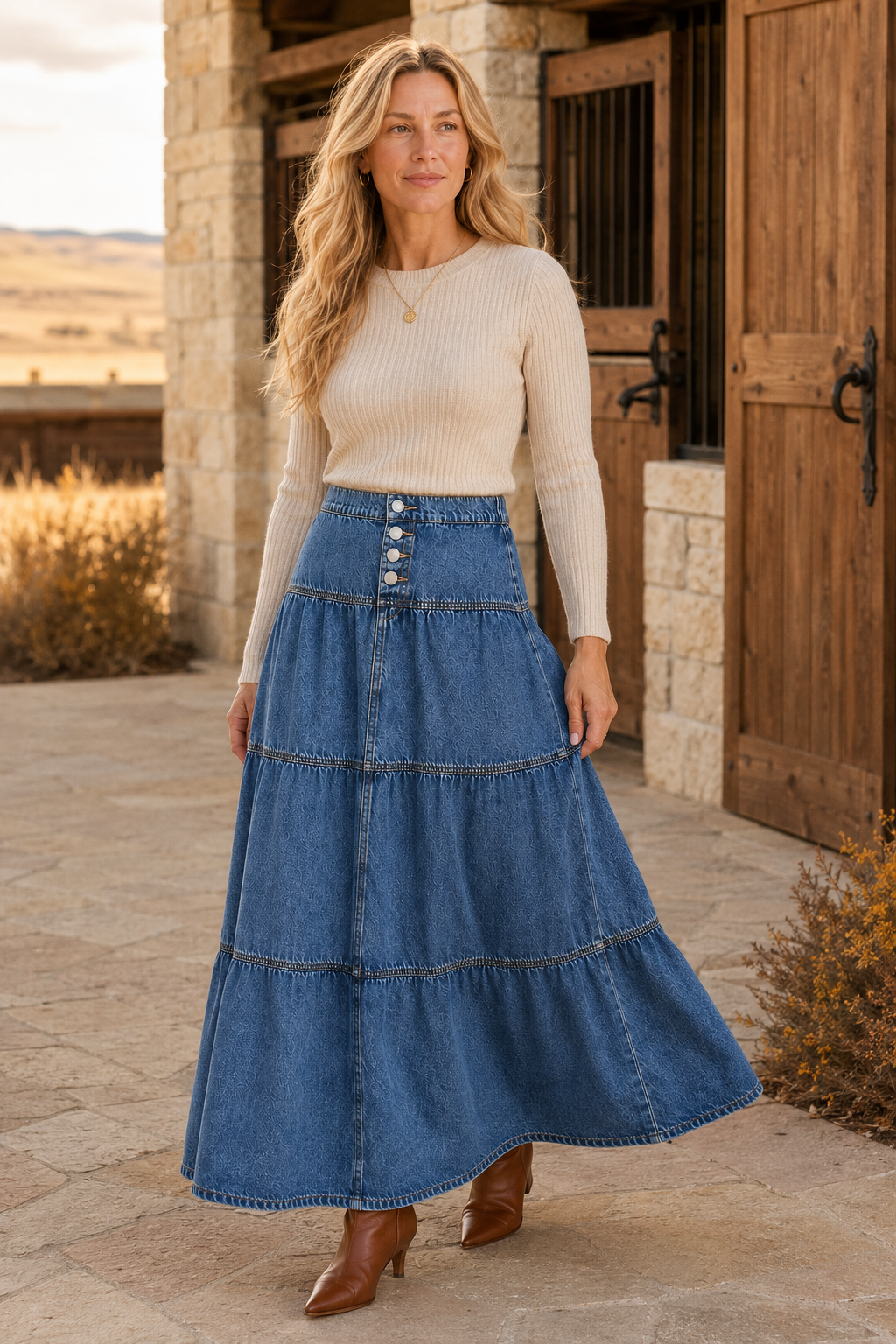 Woman styling a RISEN denim maxi skirt with an oatmeal sweater and cognac boots