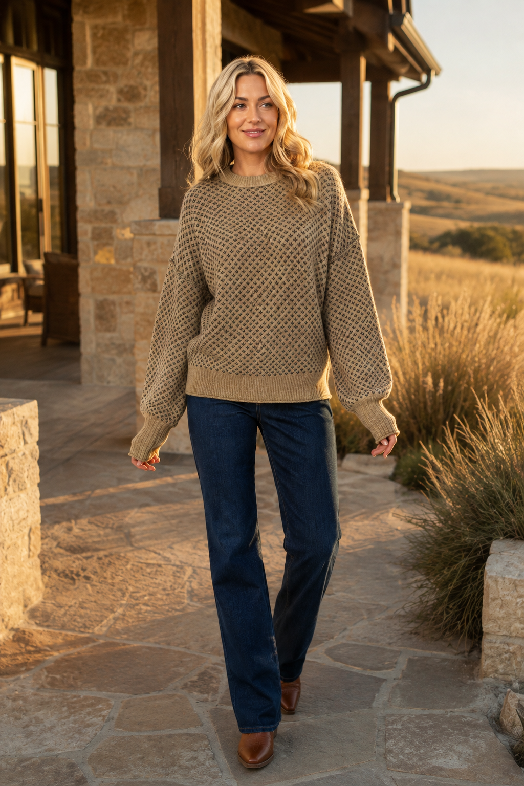Woman wearing a khaki geometric knit sweater with dark jeans and boots outside a stone ranch house at golden hour.