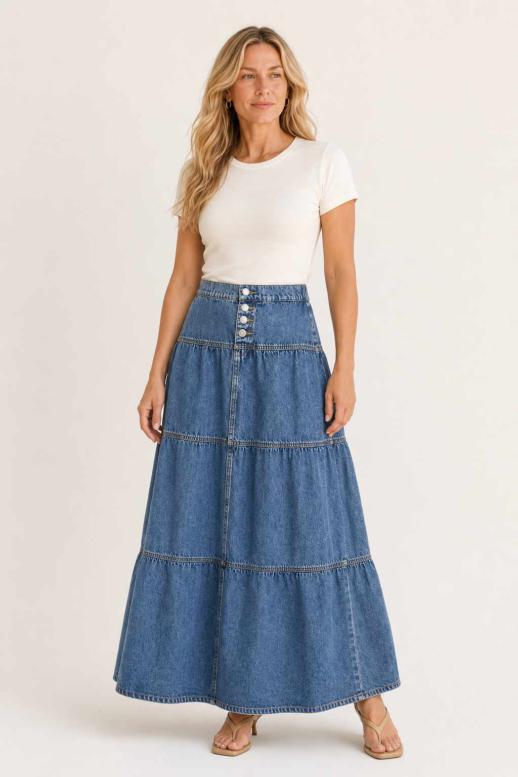 Woman wearing the RISEN Blue Prairie tiered denim maxi skirt