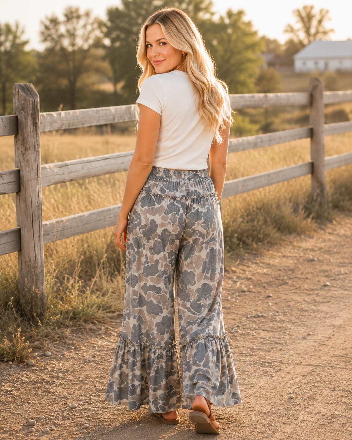 Prairie Drift Camo Ruffle Wide-Leg Pants