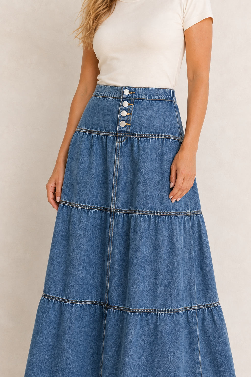 Close-up of RISEN denim maxi skirt with four-button high-rise waist