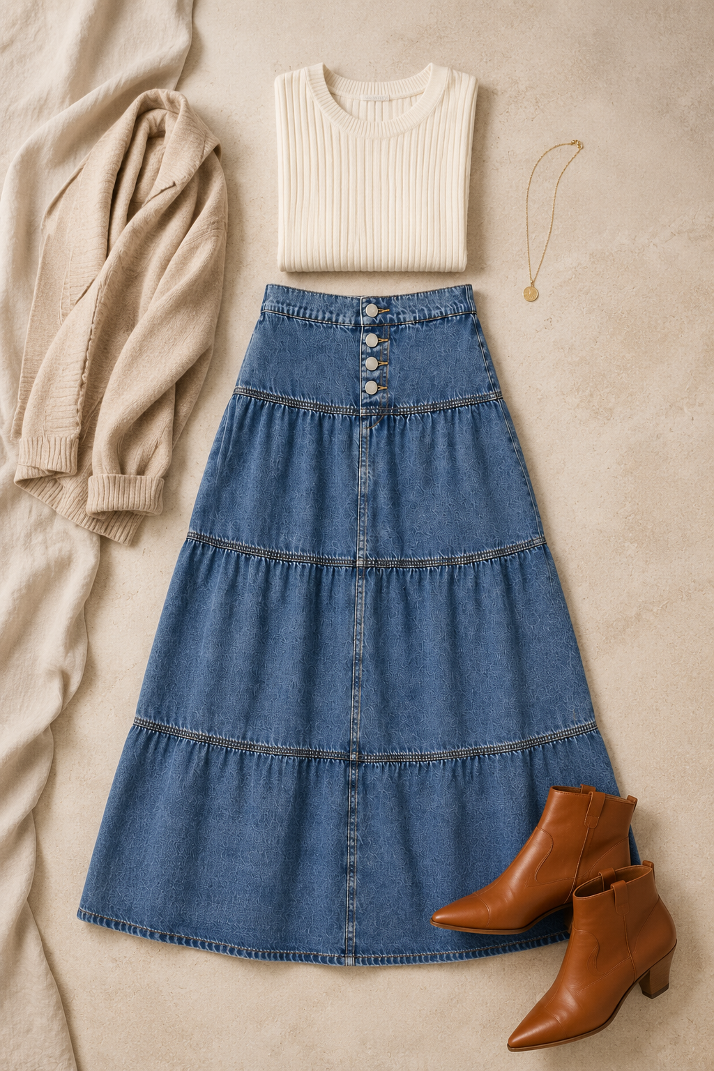 RISEN tiered denim maxi skirt flat lay with cream knitwear and cognac boots
