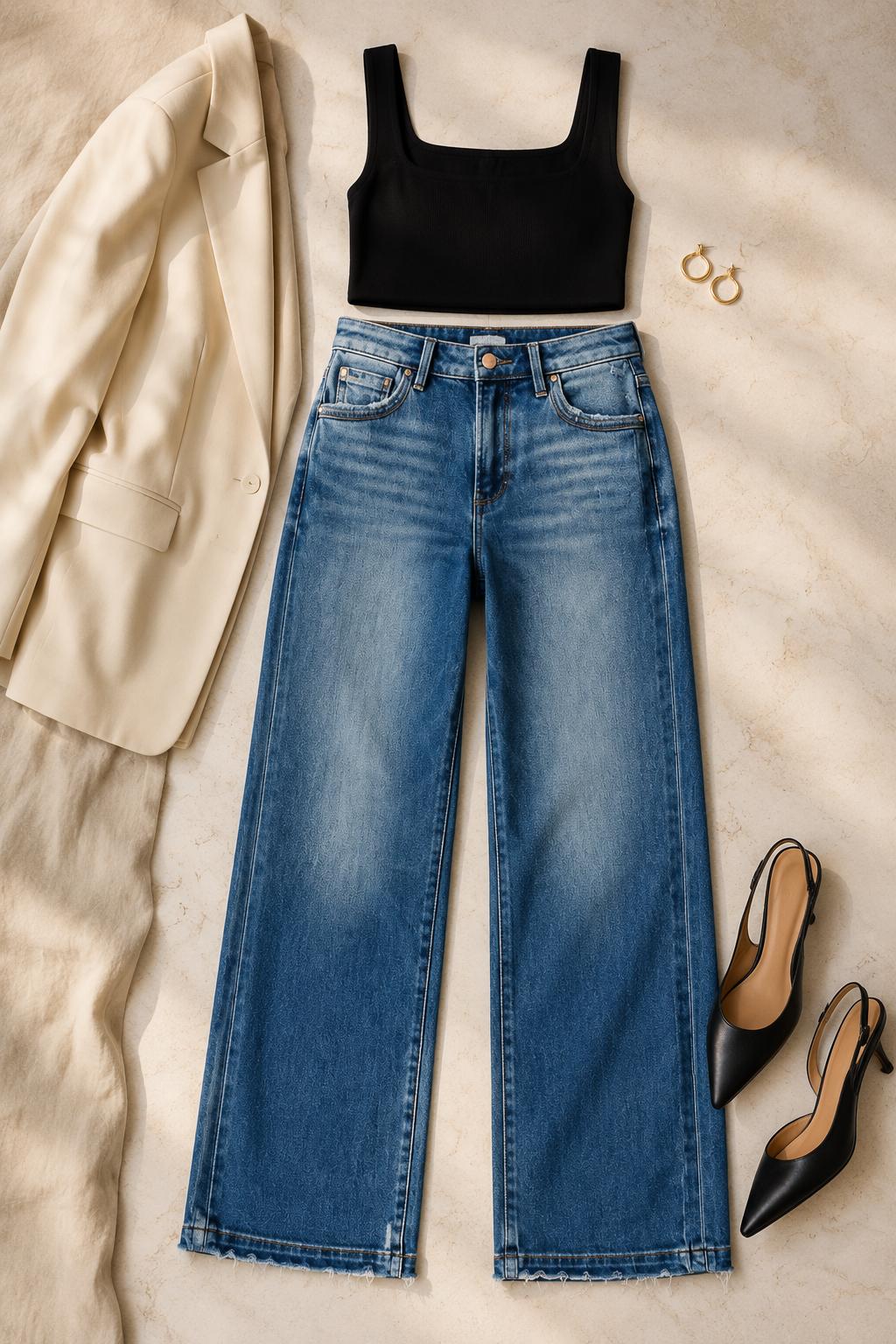 RISEN slouchy side-seam jeans styled with a black top, ivory blazer and heels