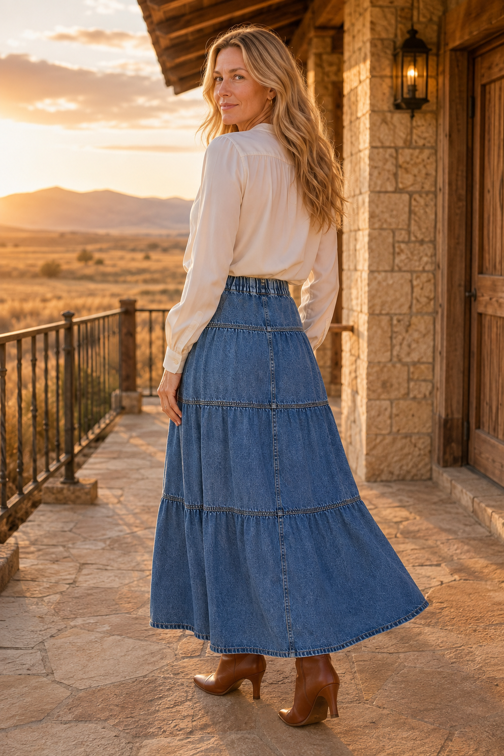 Back view of RISEN tiered denim maxi skirt at a Wyoming ranch during sunset