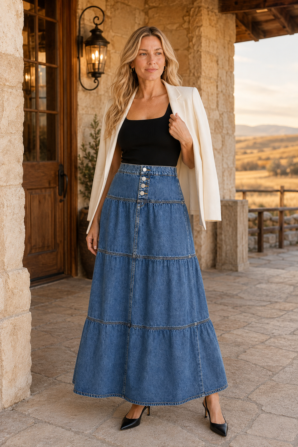 Woman wearing a RISEN denim maxi skirt with a black top and ivory blazer