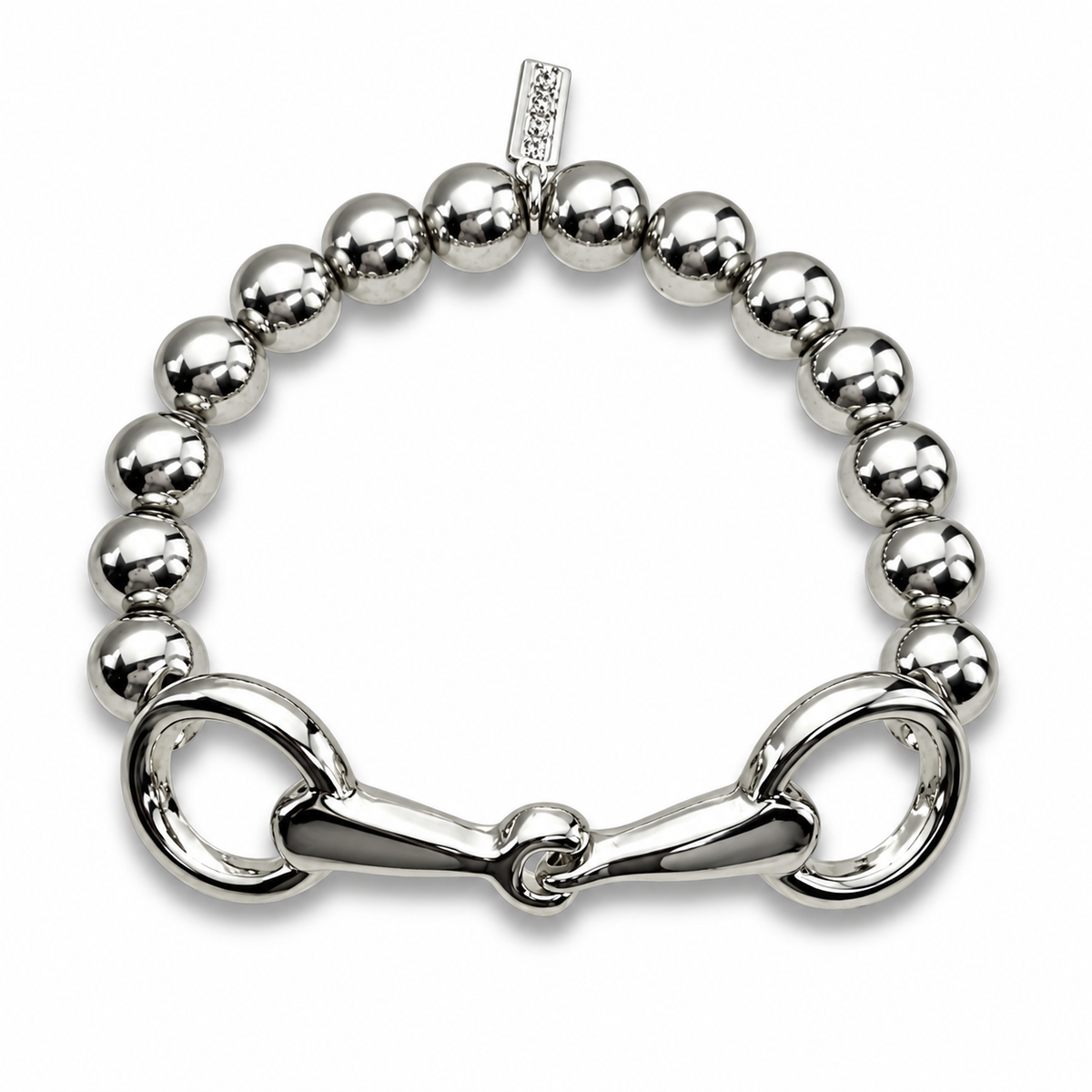 Silver-tone equestrian stretch bracelet with polished round beads and snaffle bit centerpiece
