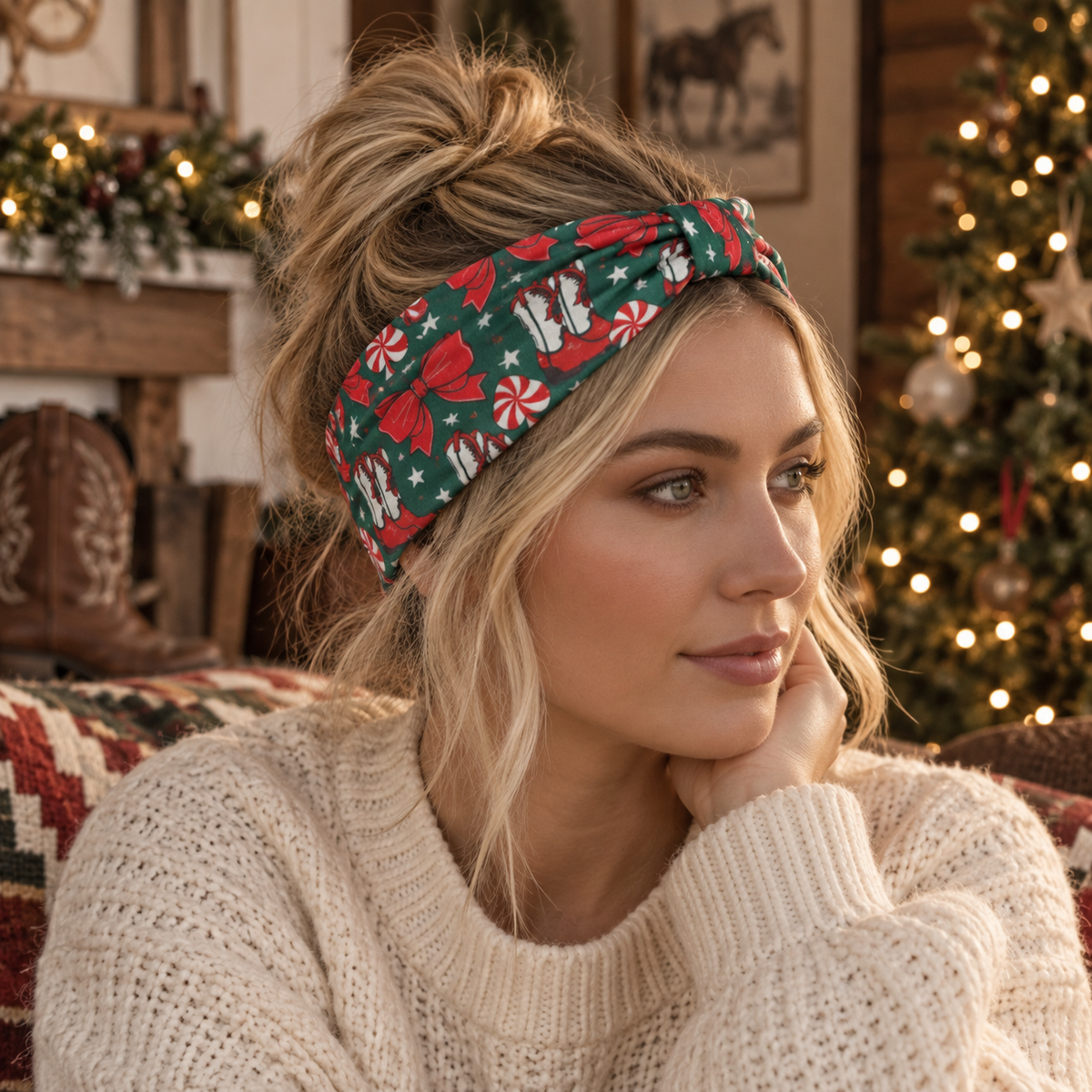 A woman wearing a festive holiday headband with a red and green candy cane and snowflake pattern, styled in a cozy, warmly lit living room with a Christmas tree in the background.