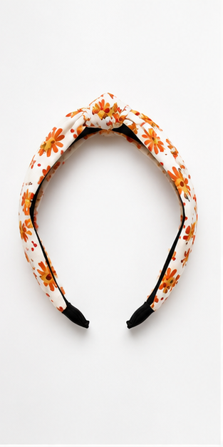 Front view of ivory turkey print knotted headband with black inner band
