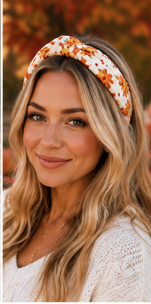 Blonde woman wearing Harvest Turkey Print Knotted Headband in a warm fall setting