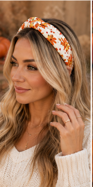 Harvest Turkey Print Knotted Headband styled with pumpkins and fall leaves