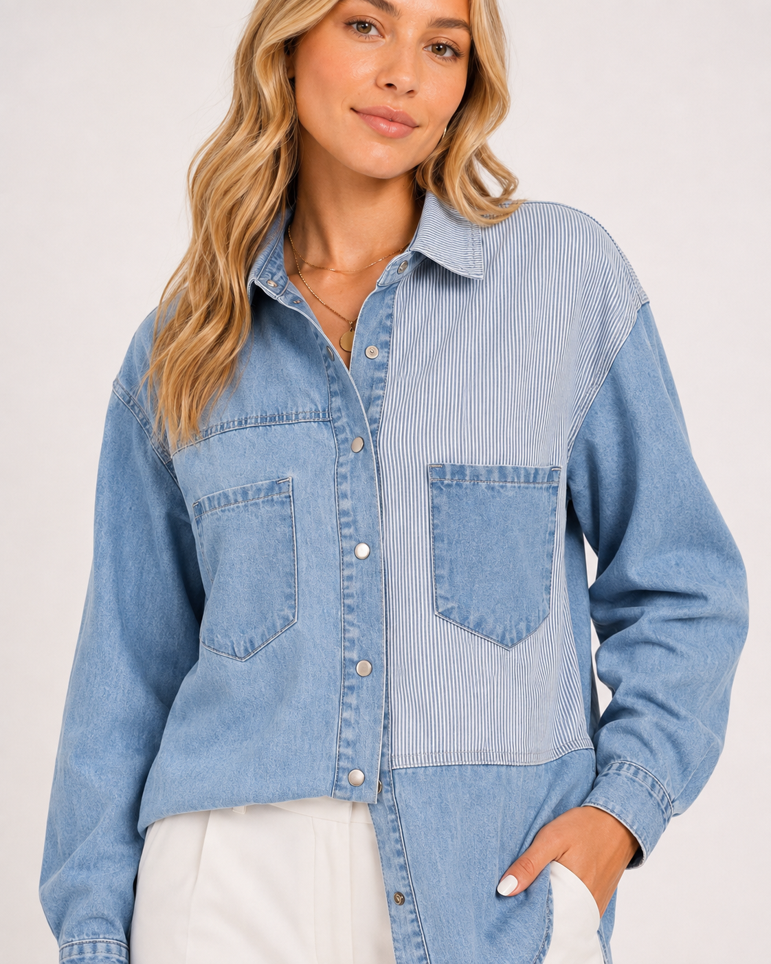 Close-up of Beau Blue Patchwork Denim Shirt Jacket showing the striped patchwork panel, light-wash denim, chest pockets and button closure.