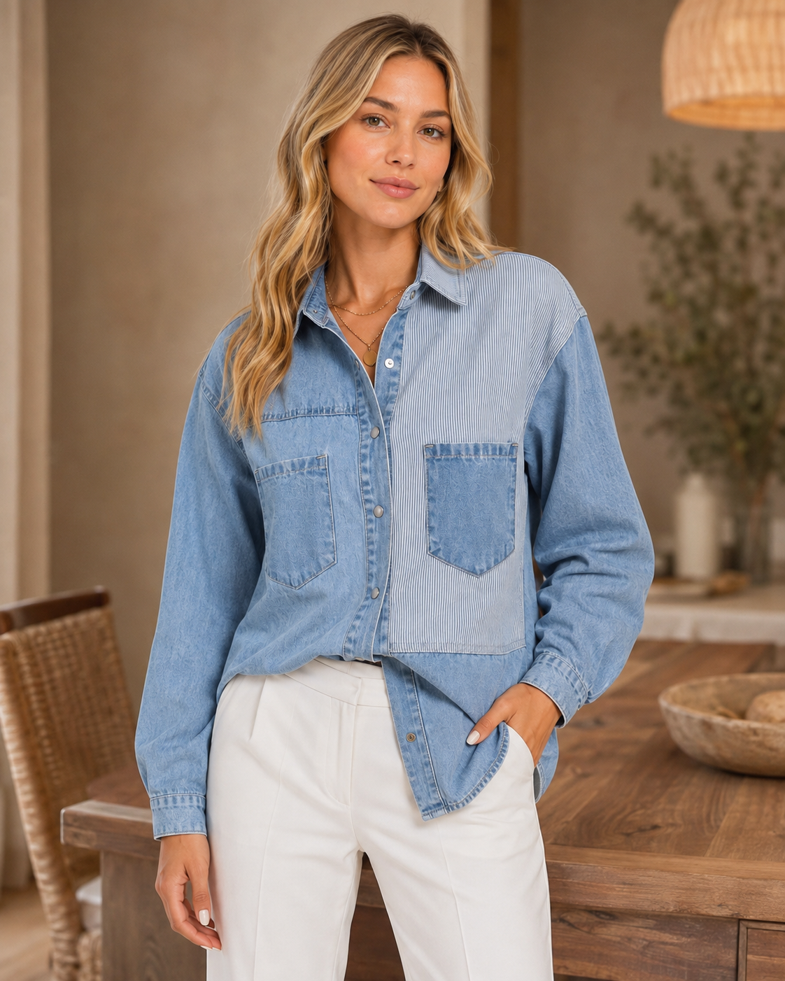Beau Blue Patchwork Denim Shirt Jacket styled with white trousers, highlighting the asymmetrical striped panel and relaxed silhouette.