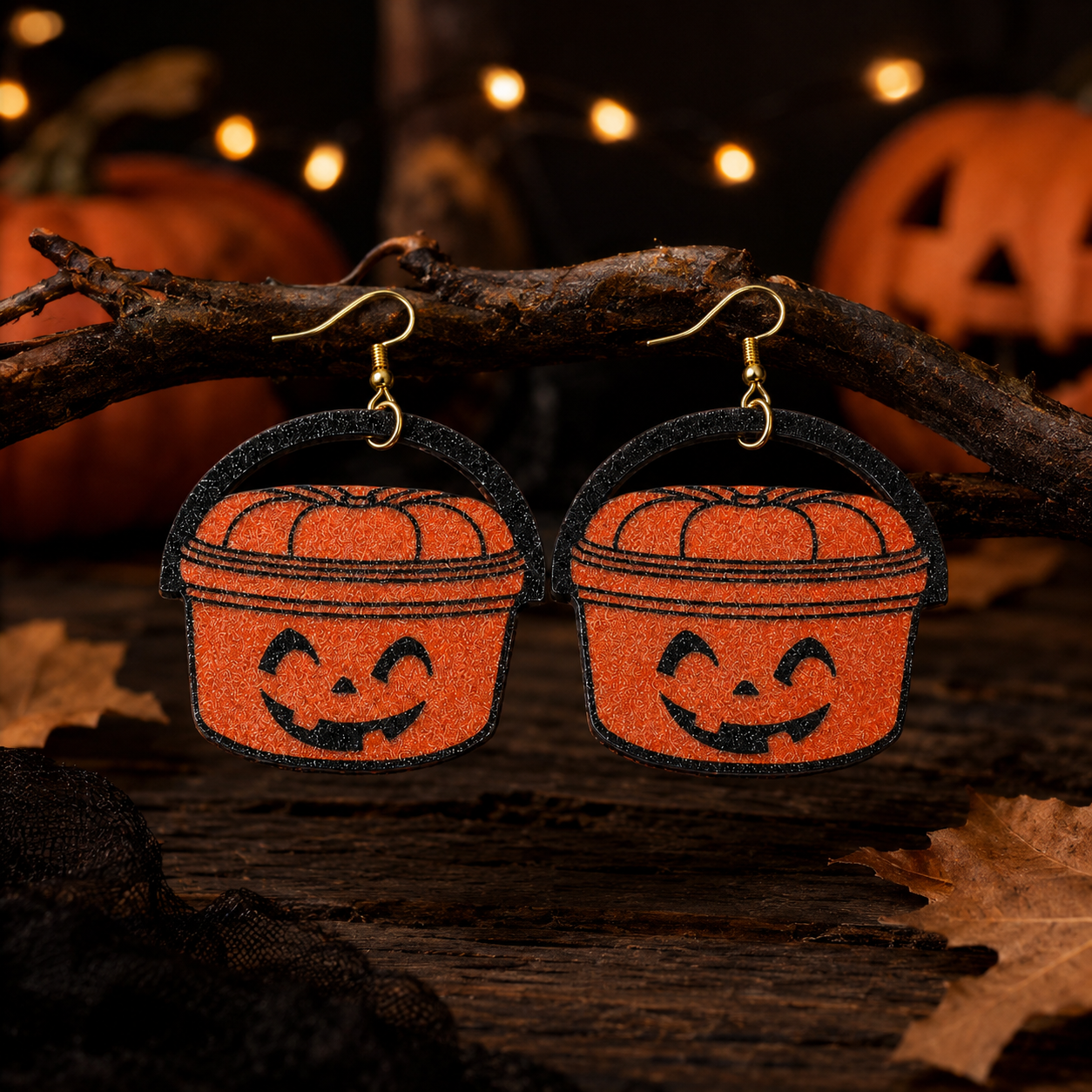 Trick-or-Treat Pumpkin Pail Dangle Earrings styled in a moody Halloween scene with pumpkins, autumn leaves and warm lights.