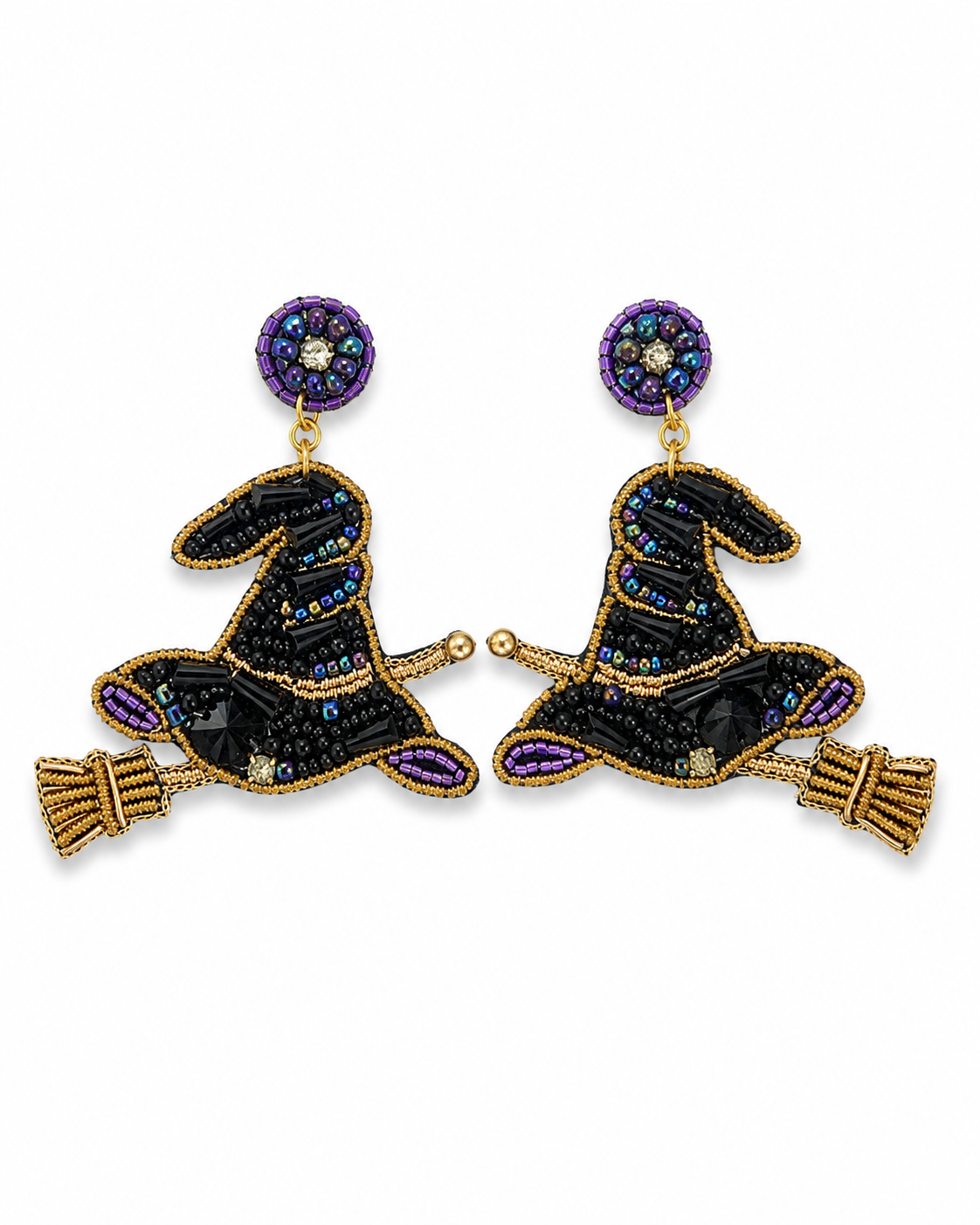 Midnight Coven beaded witch hat earrings with black, purple and iridescent beadwork on a clean white background
