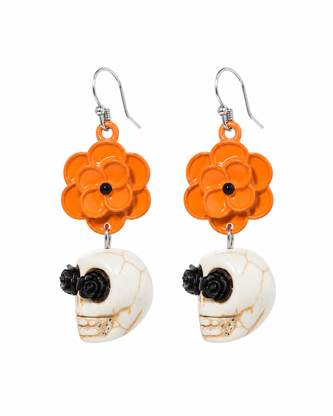 Marigold Mourning skull earrings with orange flower drops, ivory skulls and black rose details on a white background
