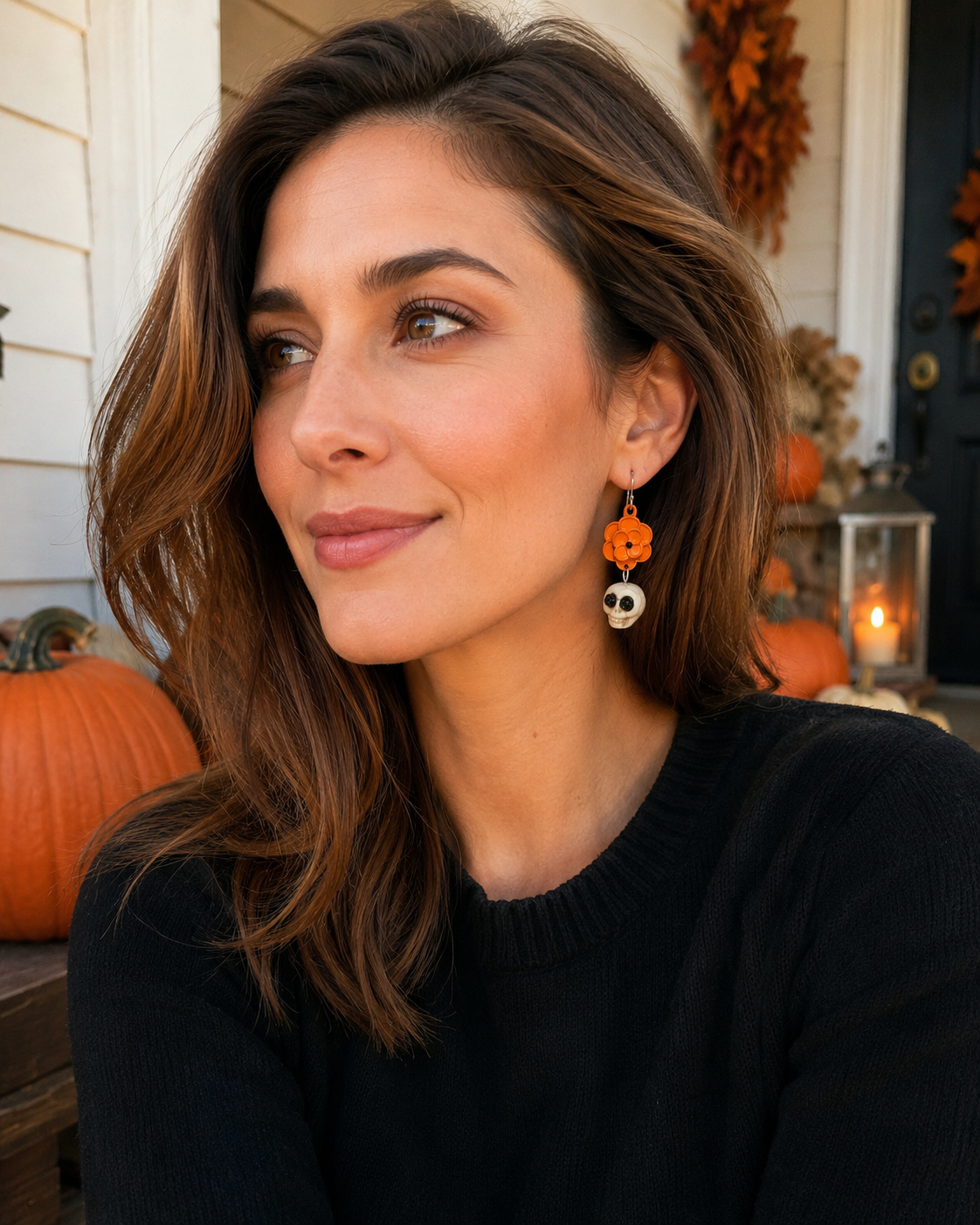 Close-up of woman wearing Marigold Mourning orange flower and ivory skull dangle earring