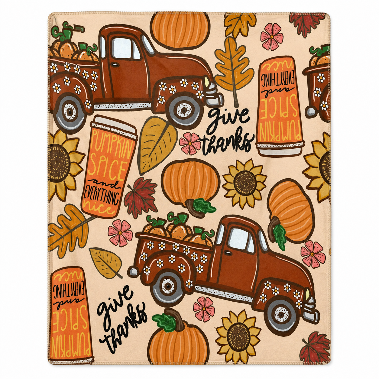 Harvest Roads & Pumpkin Spice fall throw blanket featuring vintage pickup trucks, pumpkins, sunflowers and Give Thanks lettering