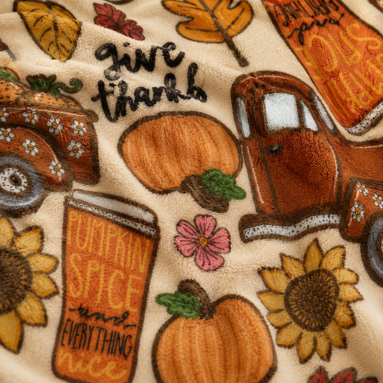 Close-up of soft plush blanket fabric showing pumpkin spice, truck, sunflower and autumn leaf details
