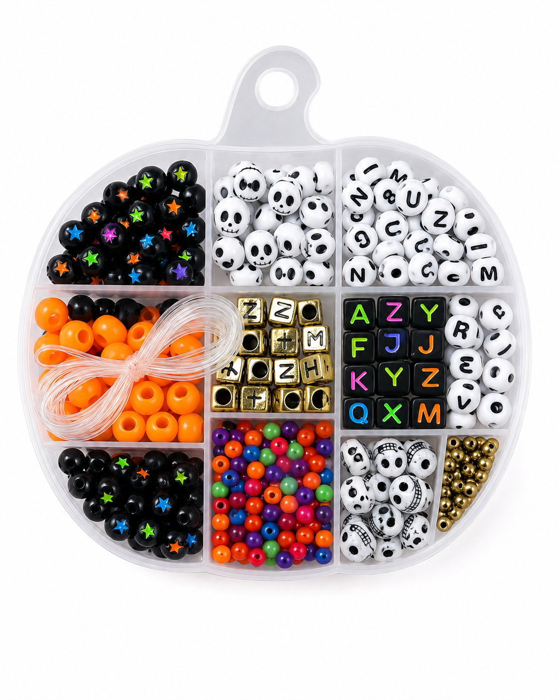 Spooky Strings Halloween DIY bracelet kit in a pumpkin-shaped organizer with skull, alphabet, star and colorful beads