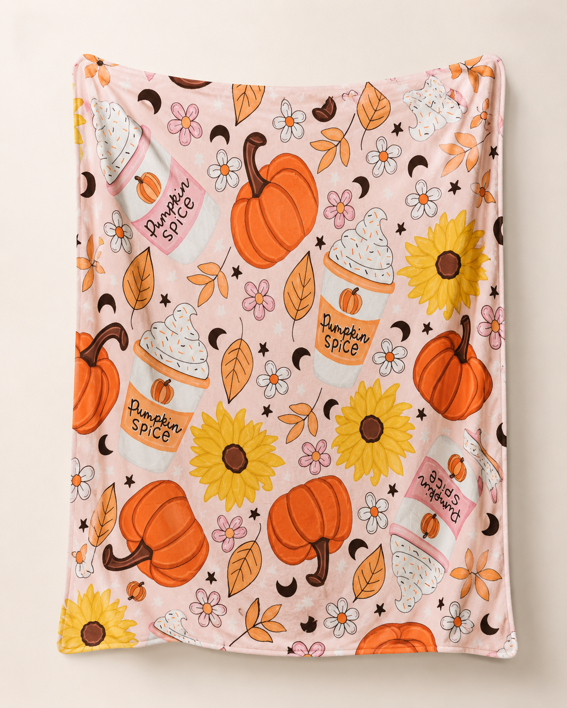 Pumpkin Spice Daydream throw blanket with pumpkins, pumpkin spice cups, sunflowers, florals, leaves and celestial accents