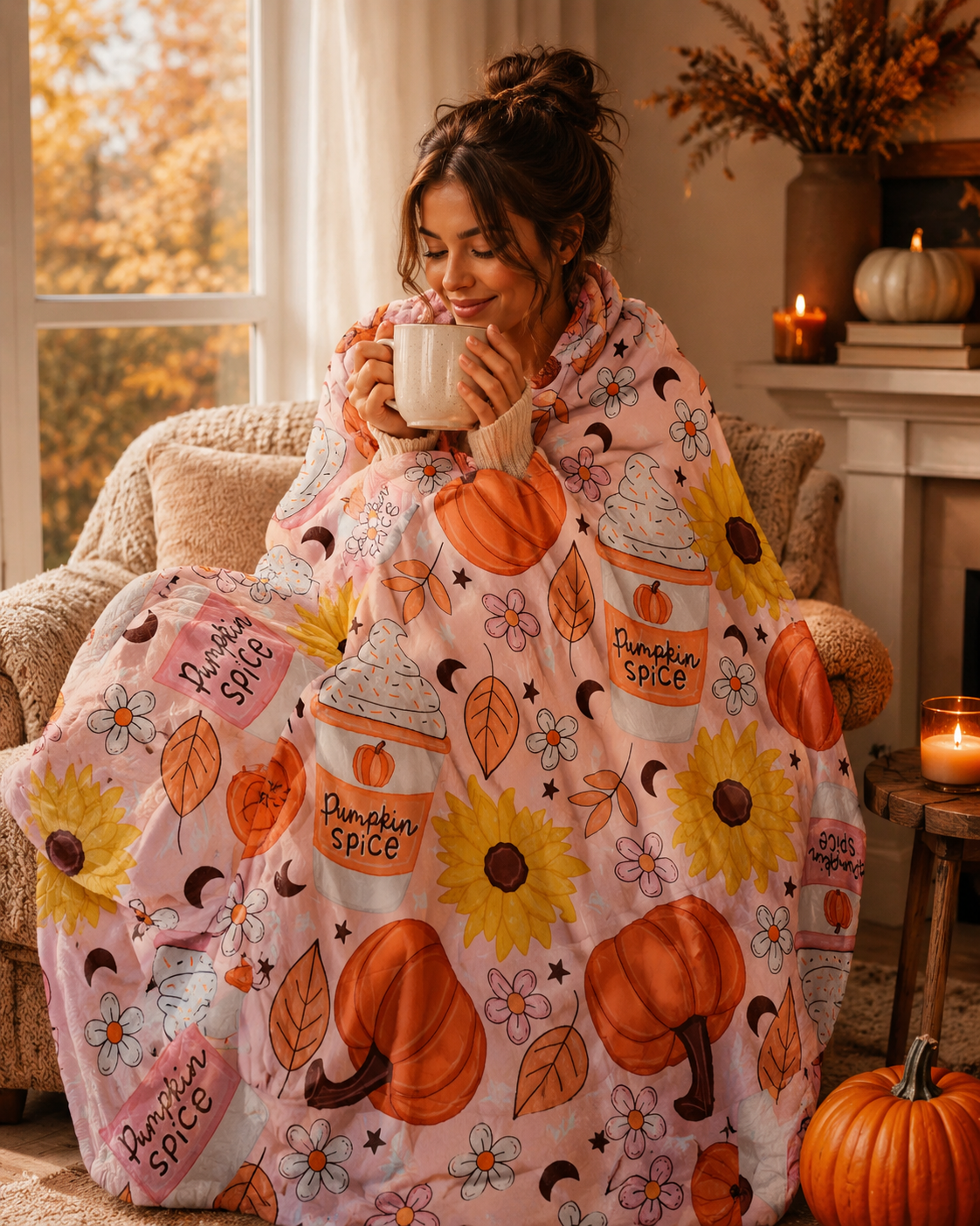 Woman wrapped in the Pumpkin Spice Daydream blanket while holding a mug in a cozy autumn reading nook
