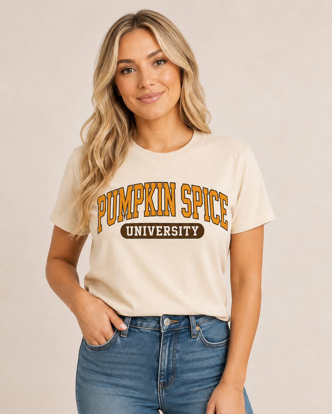 Pumpkin Spice University cream graphic tee with orange and brown collegiate lettering on bleach blonde model Emma