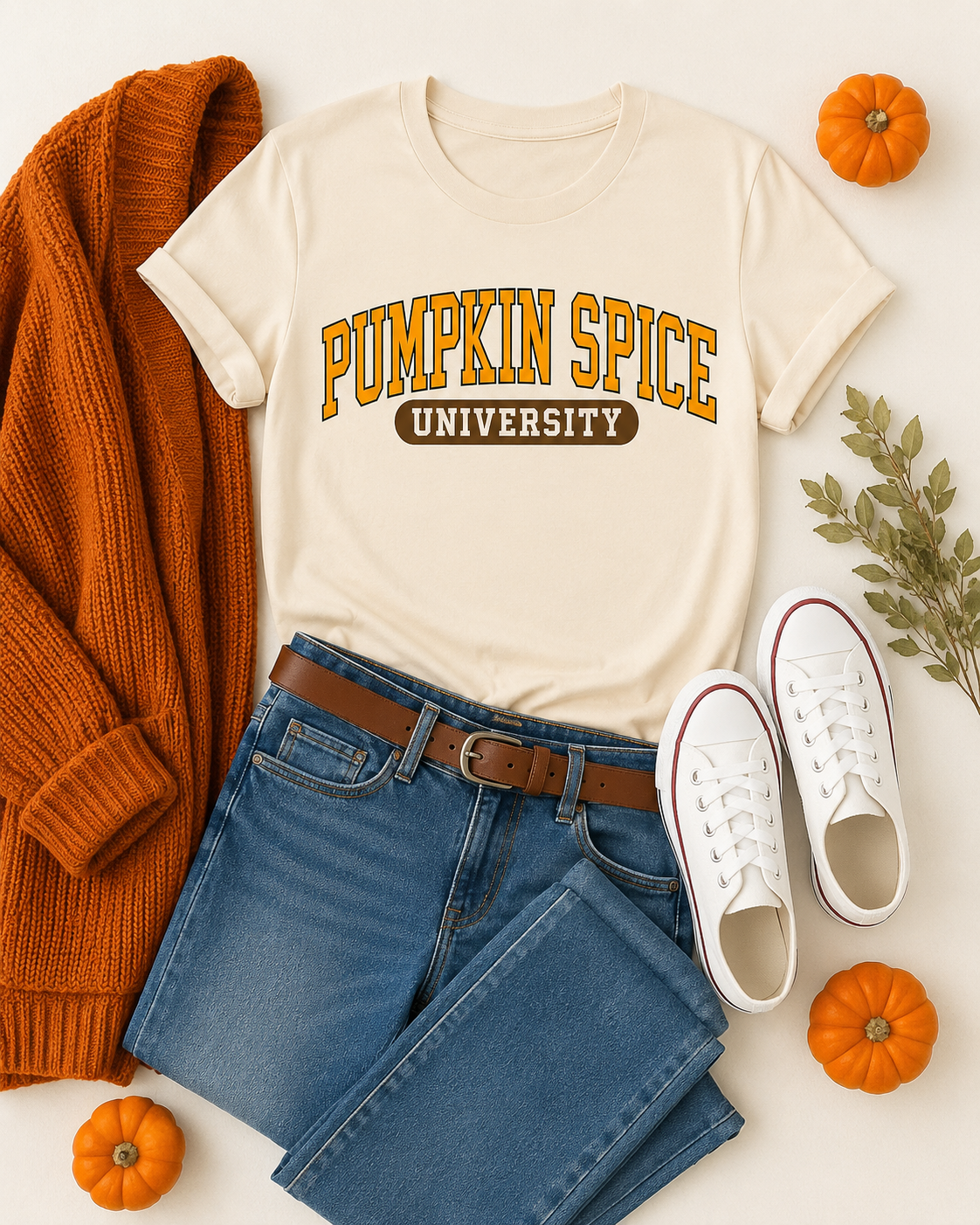 Pumpkin Spice University fall outfit flat lay with cream graphic tee, orange cardigan, jeans, sneakers and mini pumpkins