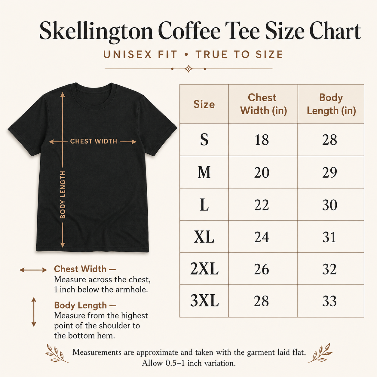 Skellington Coffee Tee size chart showing chest width and body length measurements from S through 3XL
