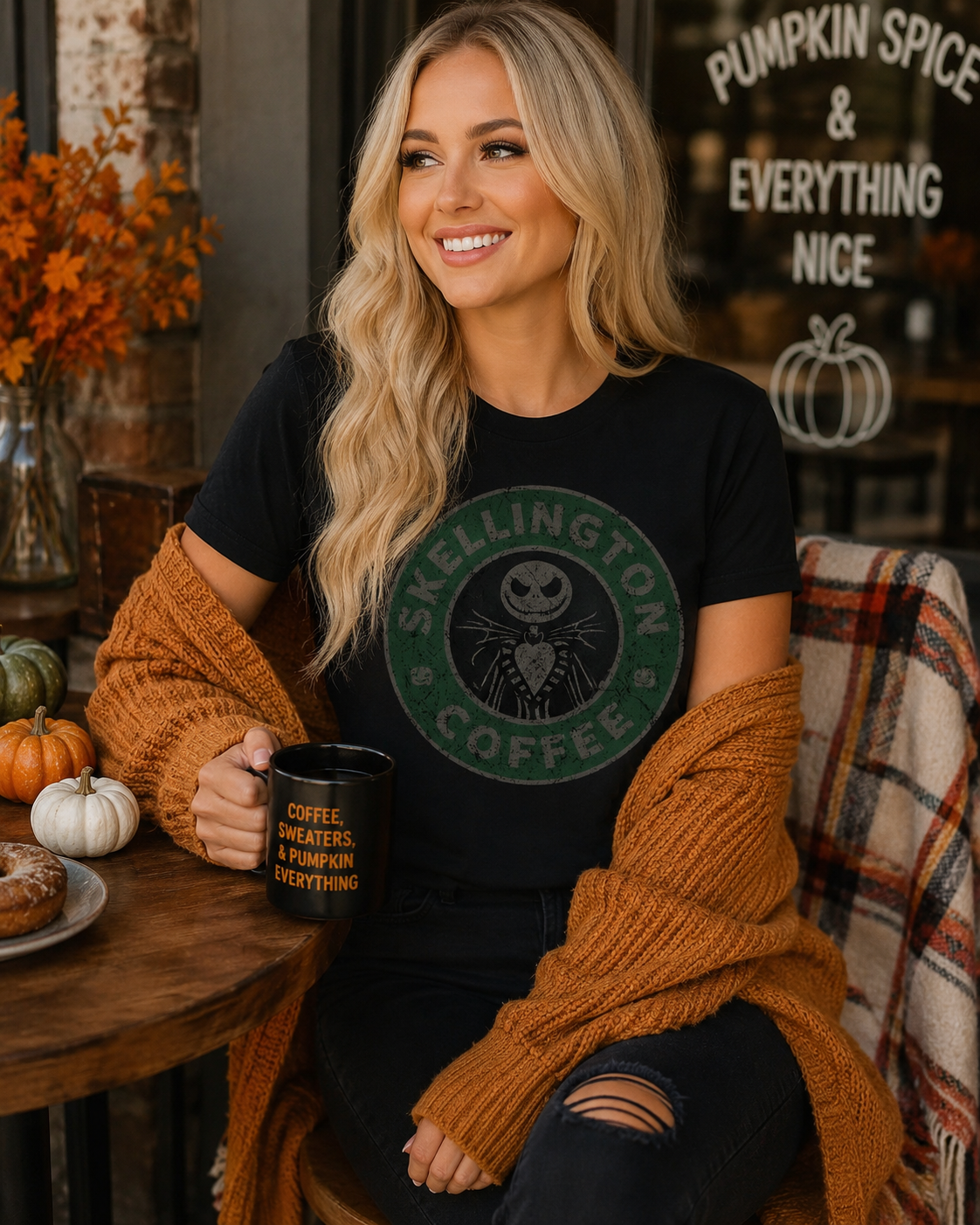 Emma wearing Skellington Coffee graphic tee with an orange cardigan while holding a coffee mug in a cozy fall café setting