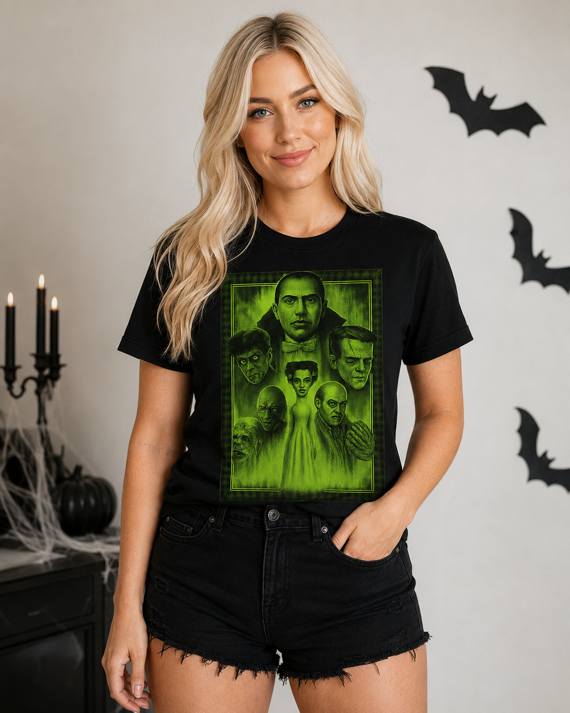 Midnight Monsters Glow graphic tee with neon green vintage monster collage on bleach blonde model Emma in a Halloween setting