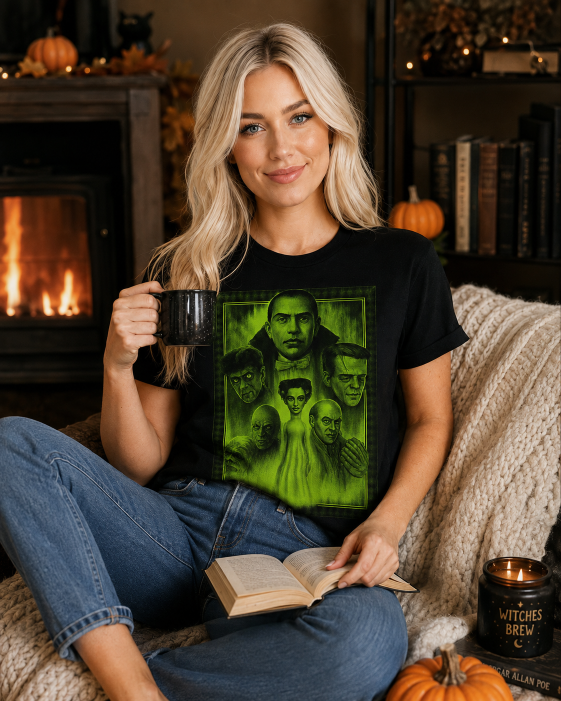 Emma wearing Midnight Monsters Glow graphic tee while relaxing with coffee and a book in a cozy fall reading nook