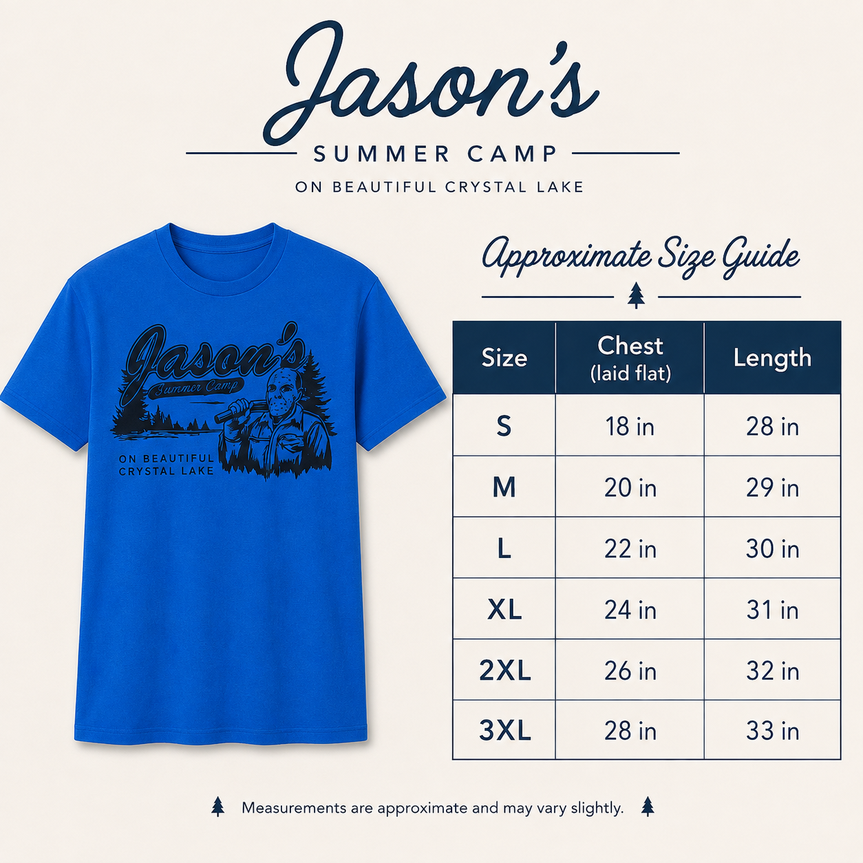 Crystal Lake Camp Graphic Tee size chart showing approximate chest width and length measurements from S through 3XL