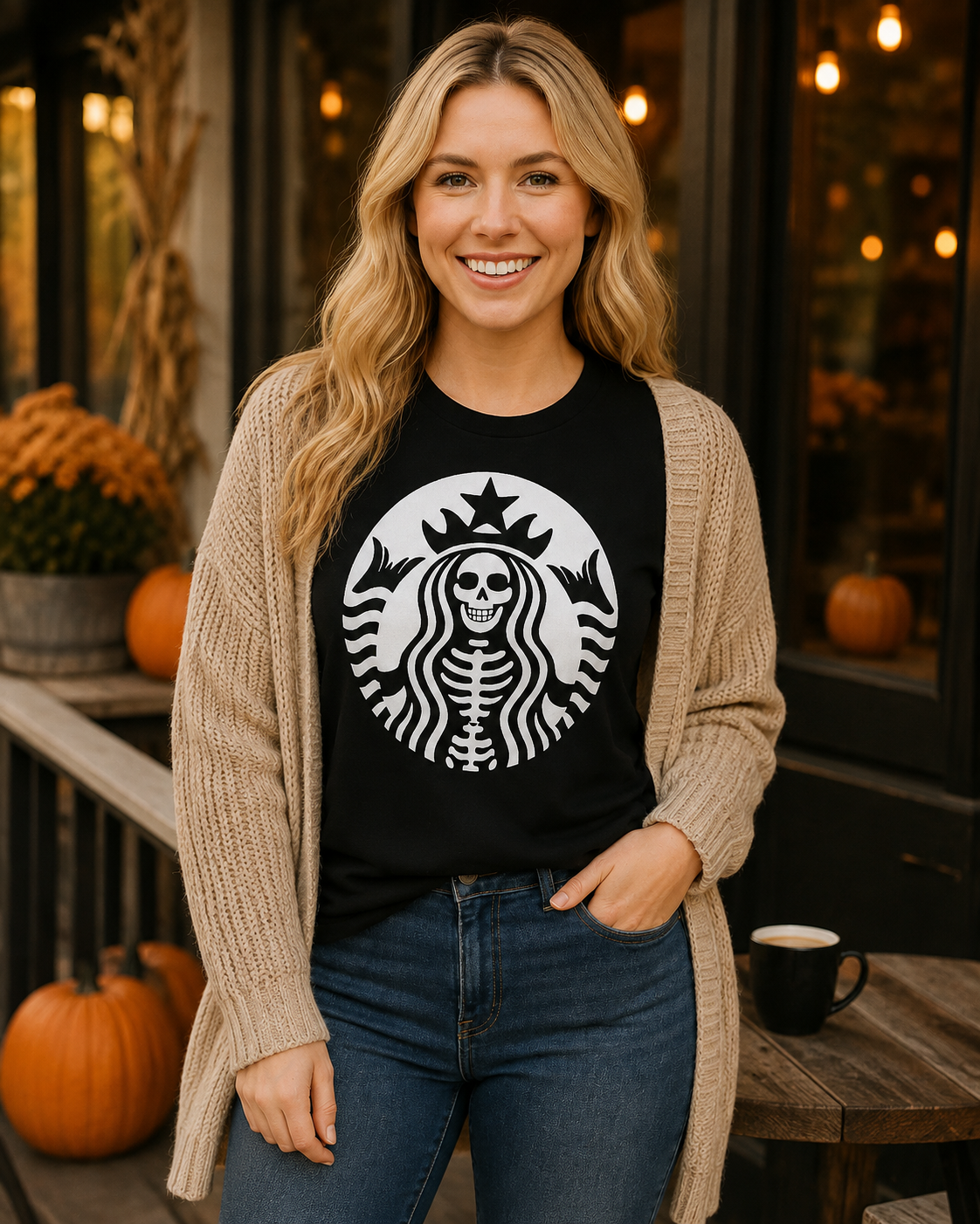 Emma wearing Afterlife Coffee Club graphic tee layered with a cream cardigan on a cozy fall porch