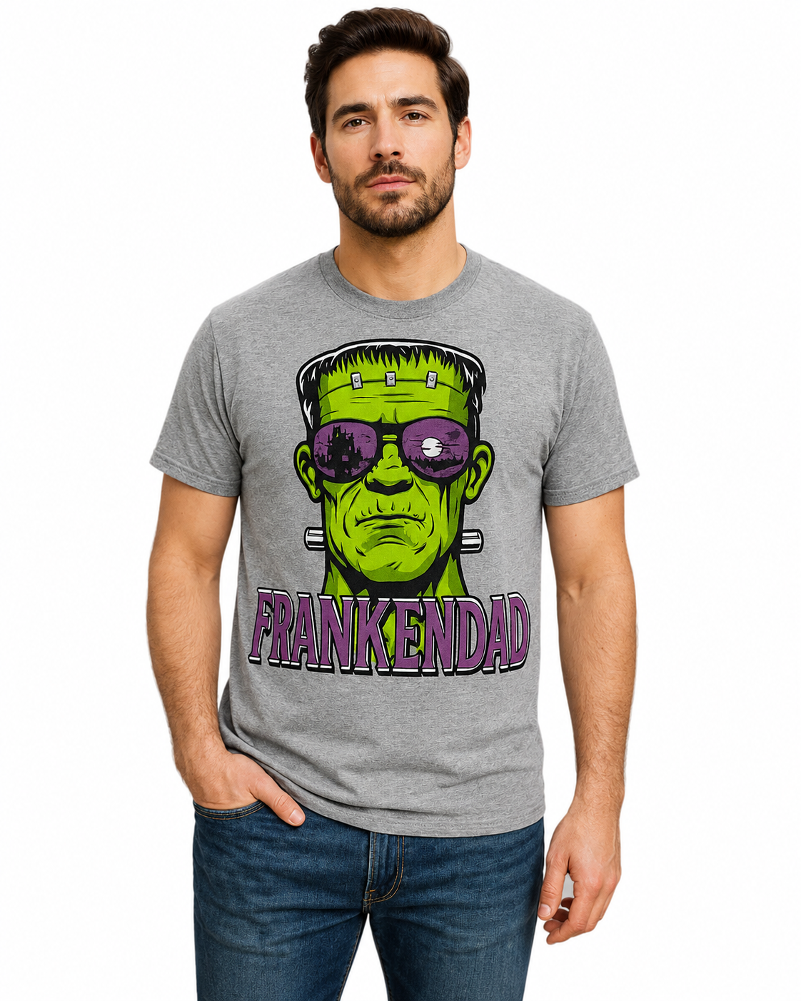 FrankenDad heather gray Halloween graphic tee with neon green monster face and purple sunglasses on male model